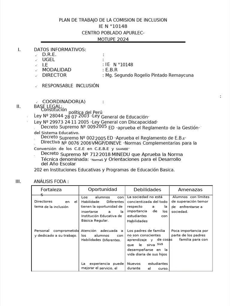 Plan de Trabajo Inclusión Educativa 2024 | PDF | Enseñando | Inclusión ...