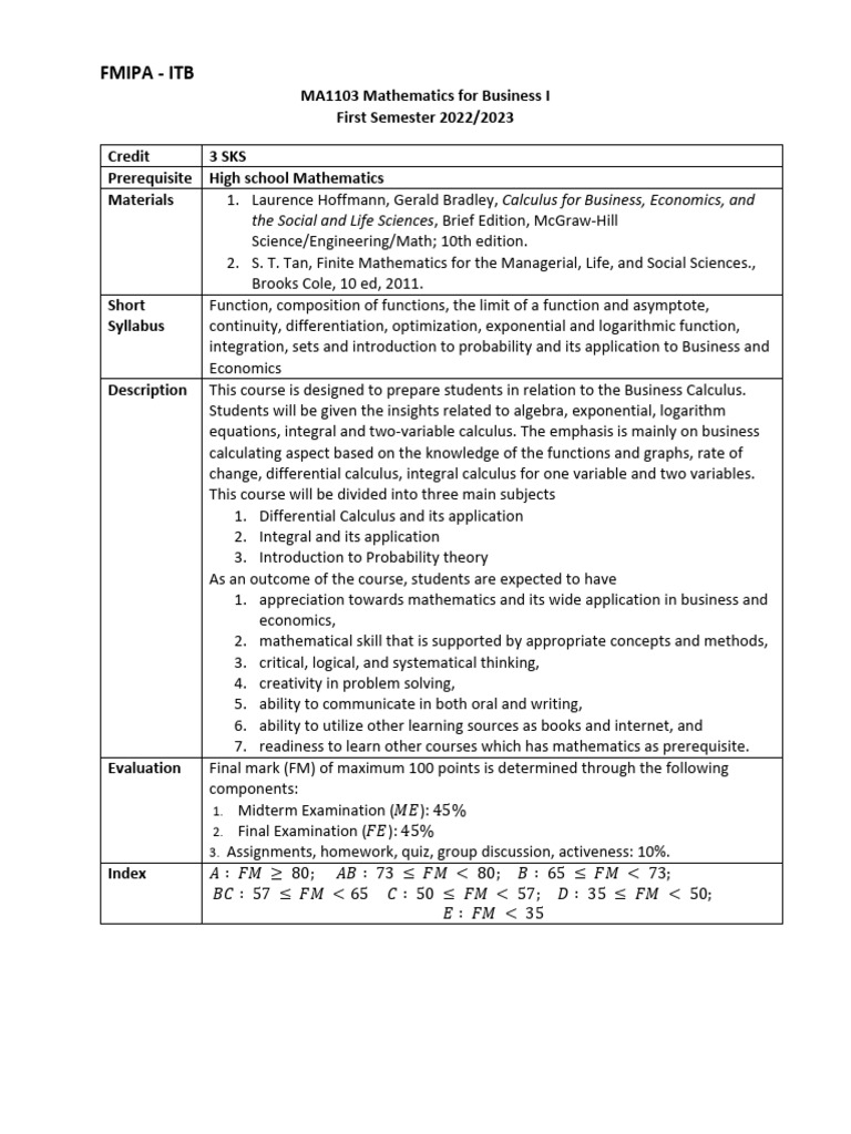 Business Calculus Course Syllabus | PDF | Mathematics | Calculus