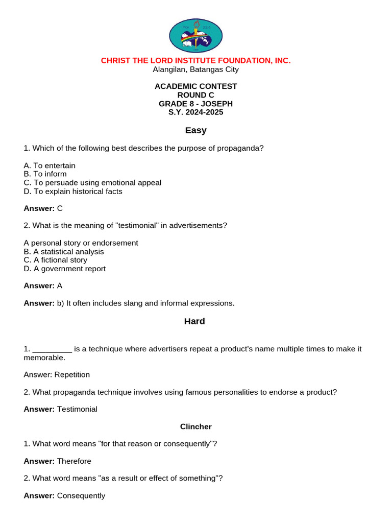 Grade 8 Academic Contest on Propaganda | PDF | Propaganda | Attitude ...