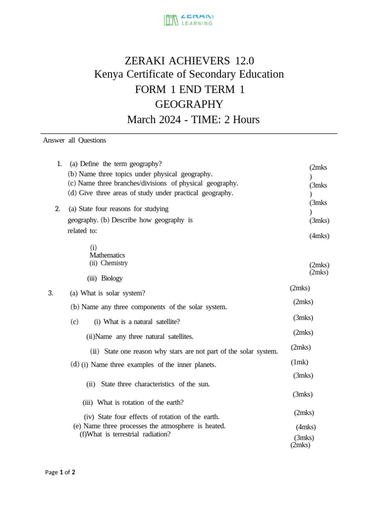 Geography - Question Paper | PDF | Earth | Solar System