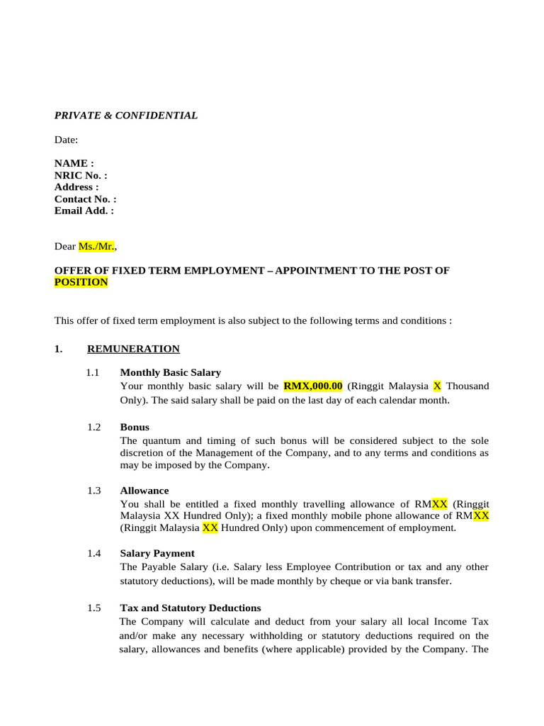 Appendix 2.5 CCCC HRSSC MY Employment Contract | PDF | Sick Leave | Salary