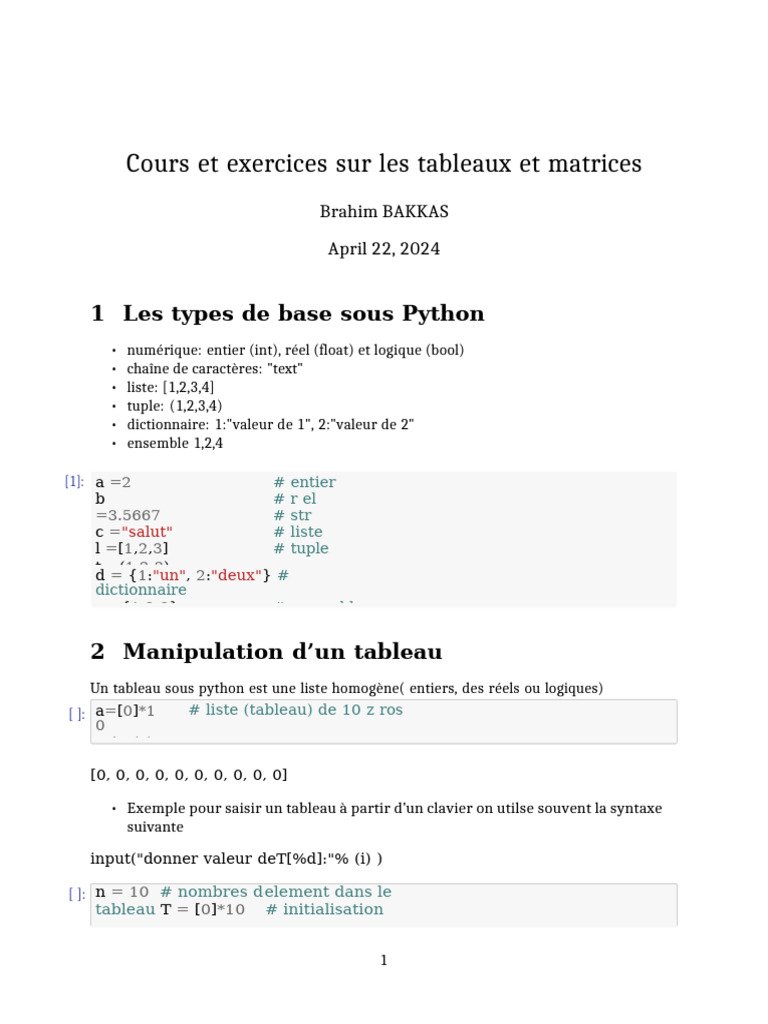 Cours Python : Tableaux et Matrices | PDF | Python (Langage de ...
