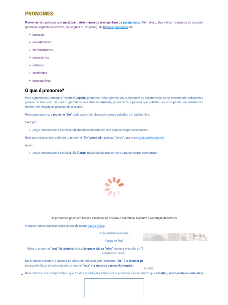 Tipos e Exemplos de Pronomes | PDF | Pronome | Assunto (gramática)