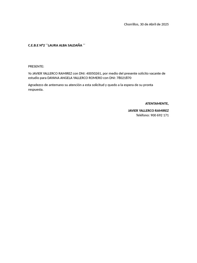 Solicitud Dayana | PDF