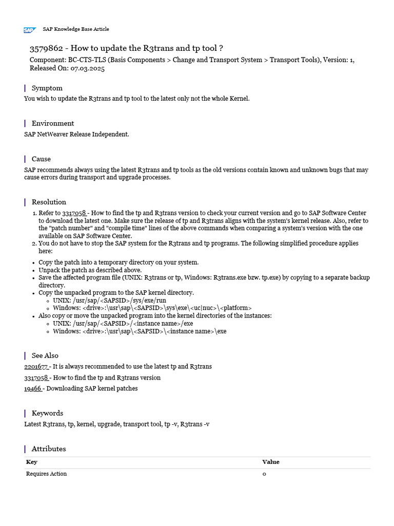 Note 3579862 - How To Update The R3trans and TP Tool | PDF