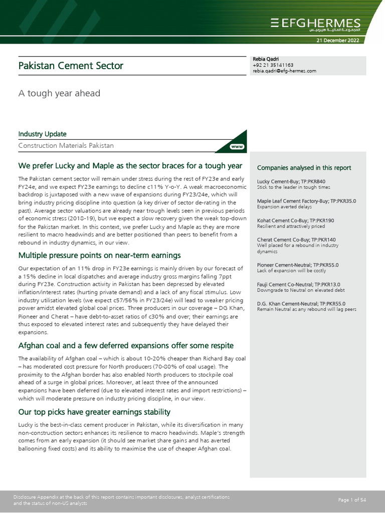 Pakistan Cement Sector Outlook FY23 | PDF | Macroeconomics | Inflation
