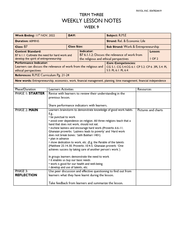 RME Lesson Plan: Work & Entrepreneurship | PDF | Cognition | Learning