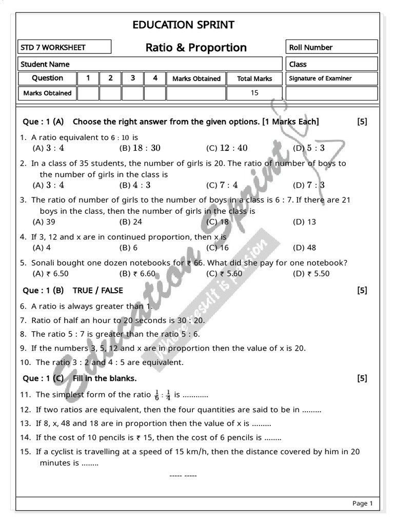 Ratio & Proportion Worksheet | PDF | Ratio