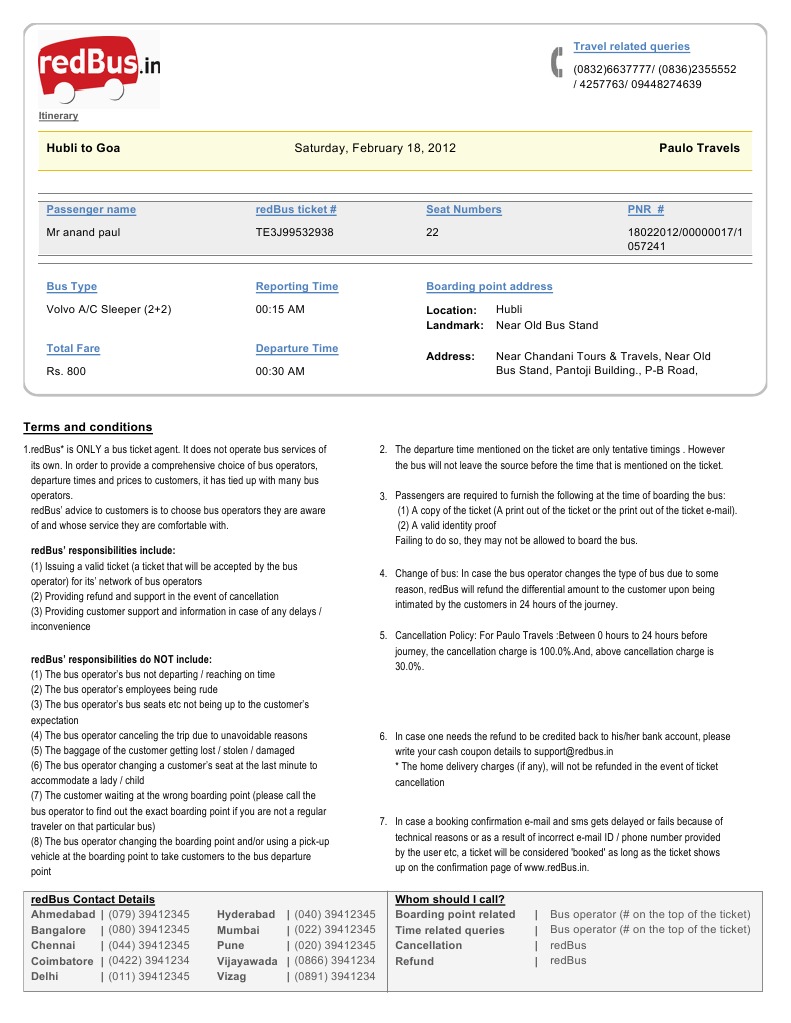 Goa Ticket PDF Bus Ticket (Admission)