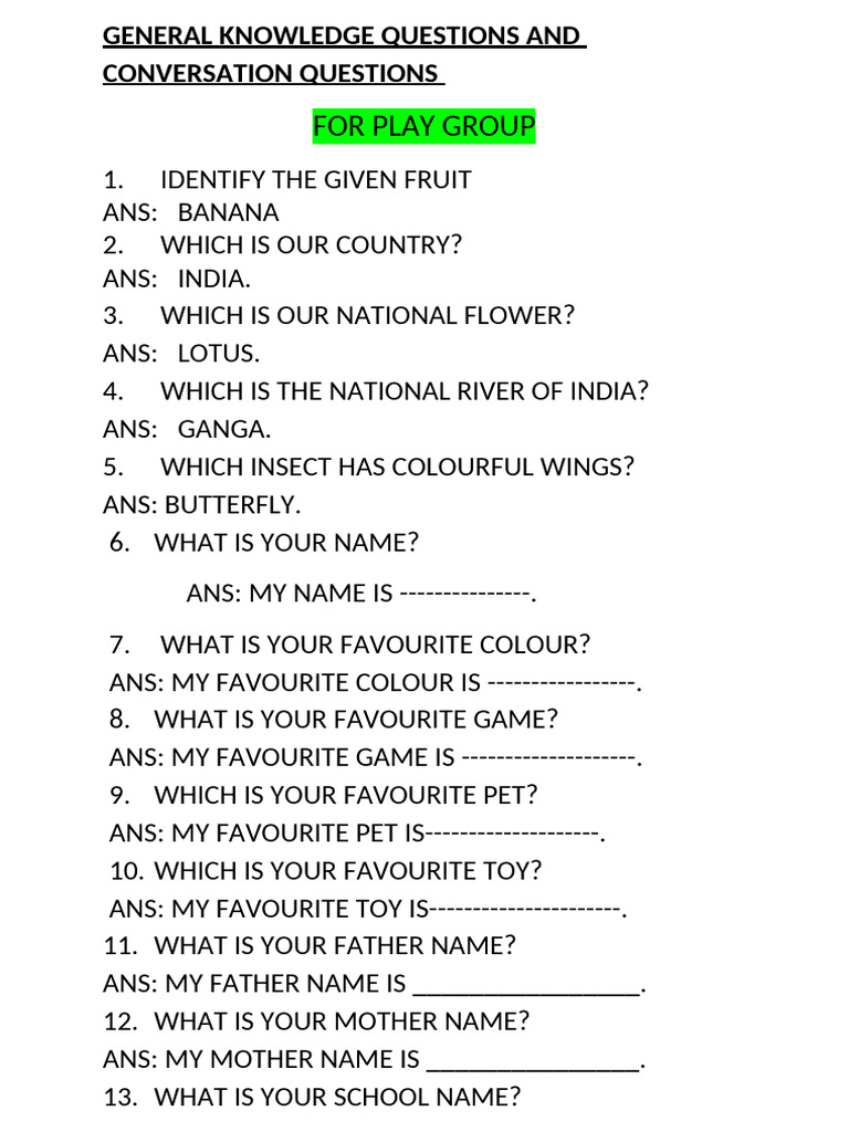 G K And Conversation Questions Pdf