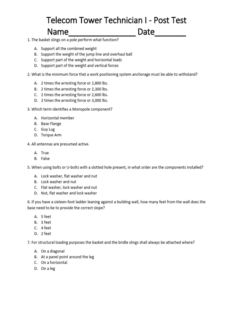 Telecom Tower Technician Safety Test | PDF | Personal Protective Equipment