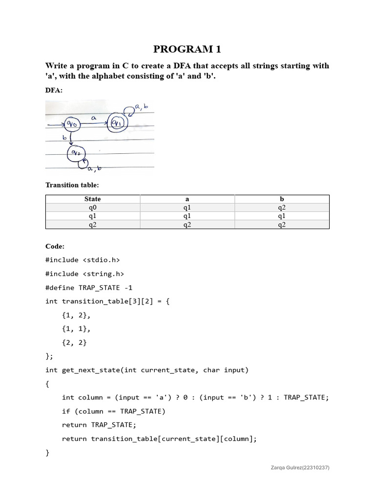 C Program for DFA Accepting 'a' Strings | PDF
