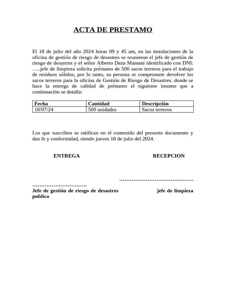 Acta de Préstamo de Sacos Terreros | PDF