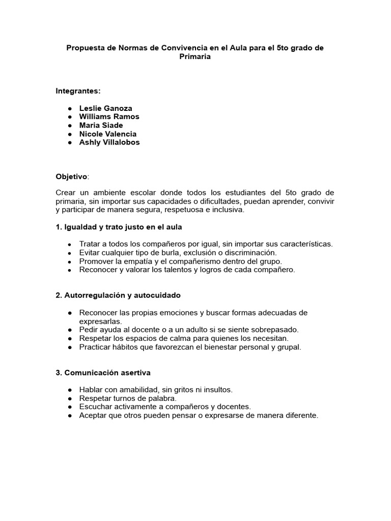 Modelo de Elaboración de Normas de Convivencia en El Aula | PDF | Salón ...