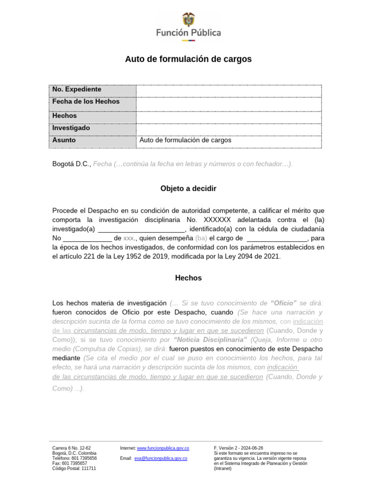 Auto de Formulación de Cargos Disciplinarios | PDF | Intención (Derecho ...