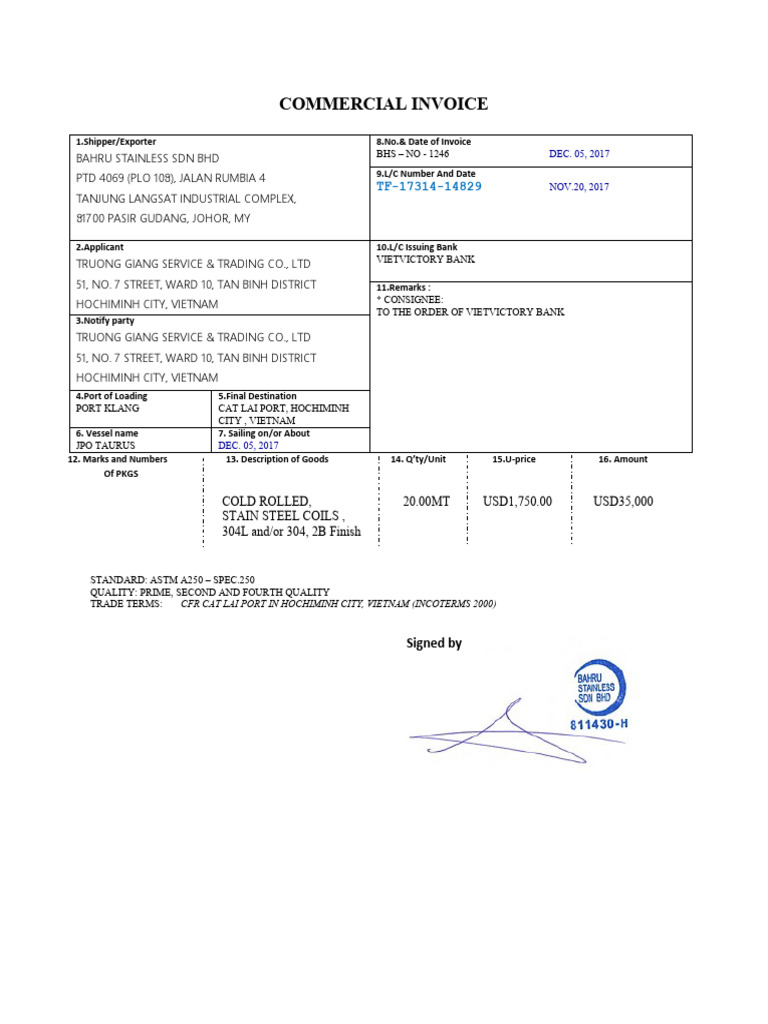 Commercial Invoice for Steel Coils Export | PDF
