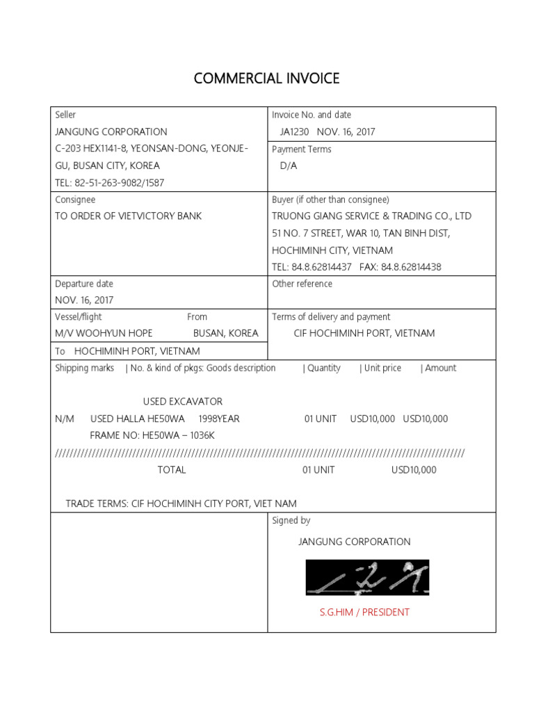 Commercial Invoice for Used Excavator | PDF