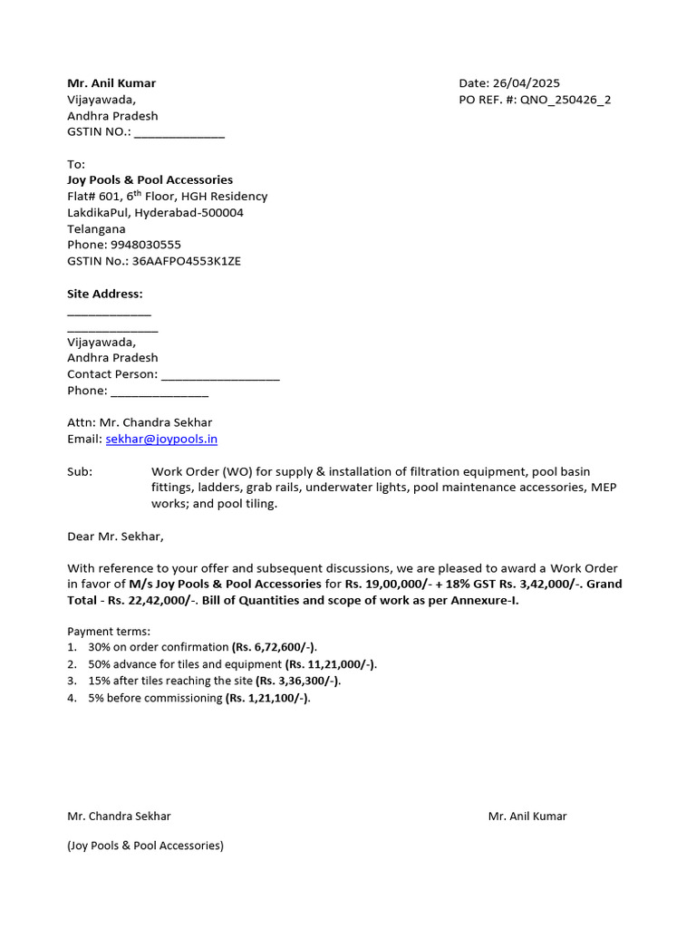 Work Order for Pool Equipment in Vijayawada | PDF | Pipe (Fluid ...
