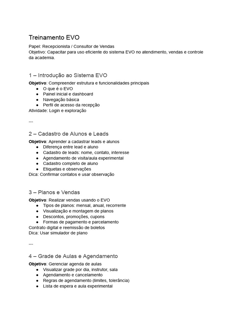 Treinamento para Uso do Sistema EVO | PDF