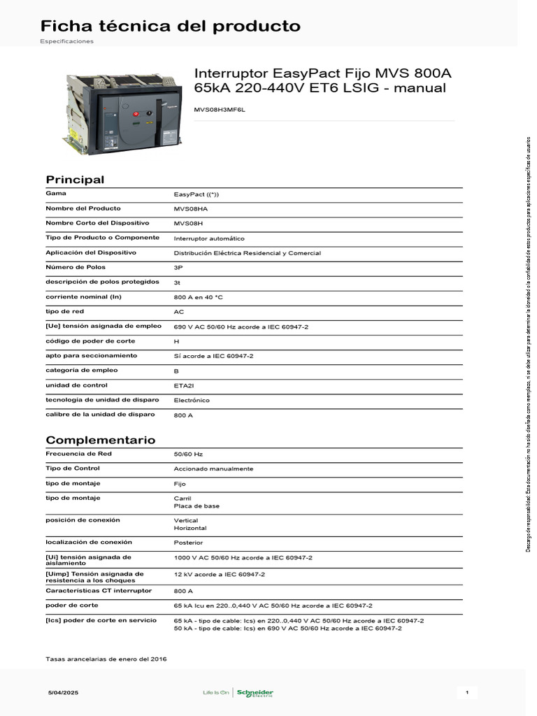 Interruptor EasyPact MVS 800A 65kA | PDF | Cambiar | Resistor