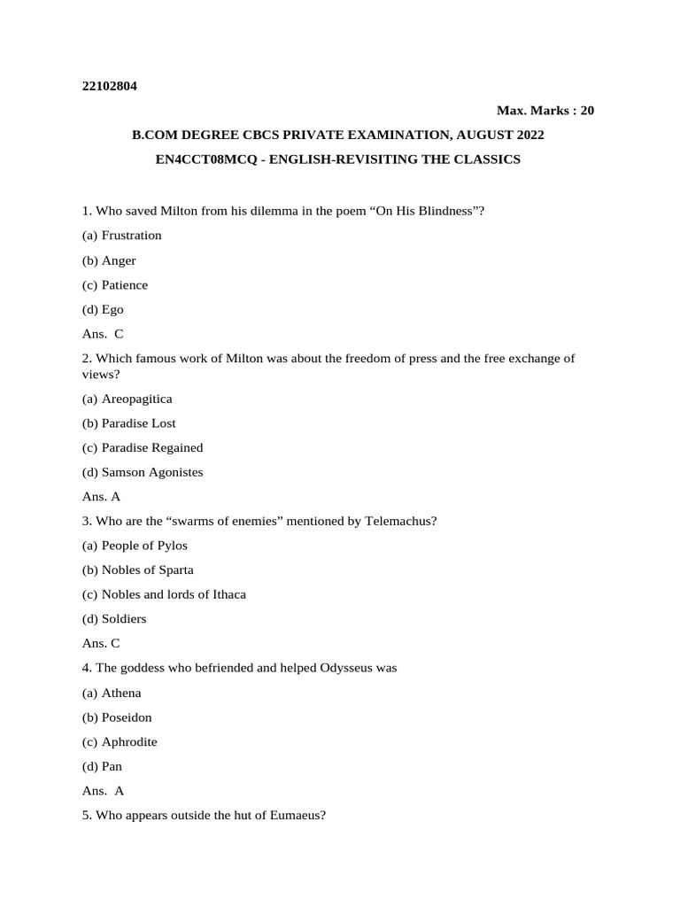 English Classics MCQ Exam Guide | PDF
