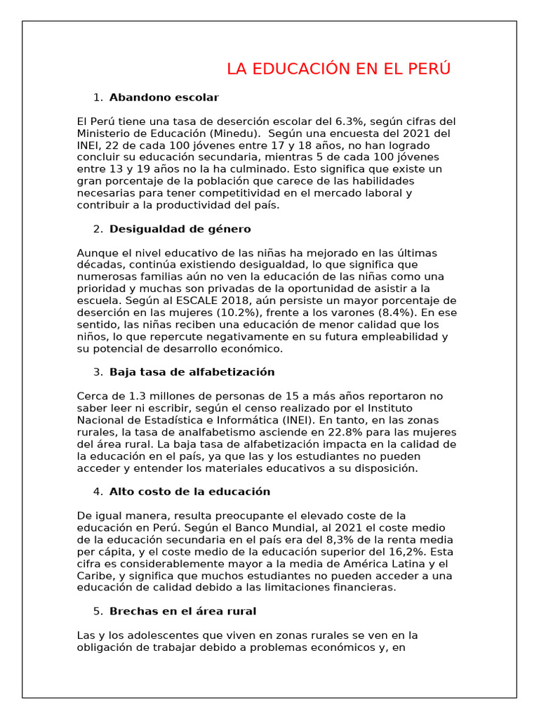 LA EDUCACIÓN EN EL PERÚ | PDF | Literatura | Perú