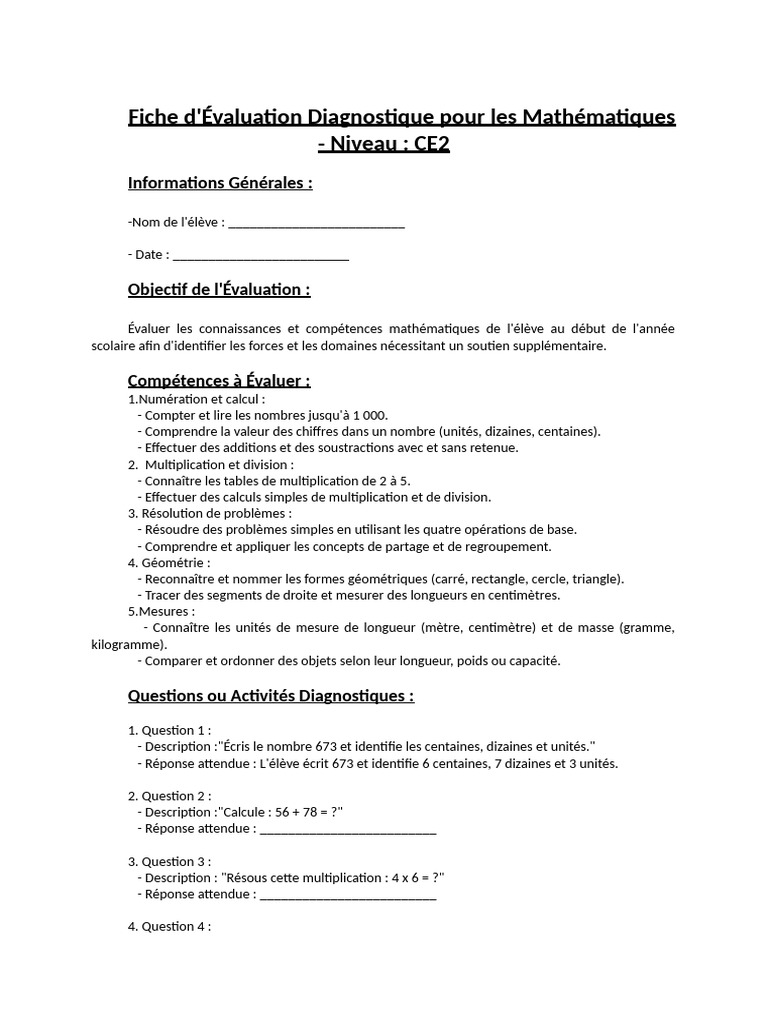Évaluation Diagnostique Maths CE2 | PDF | Nombre | Multiplication