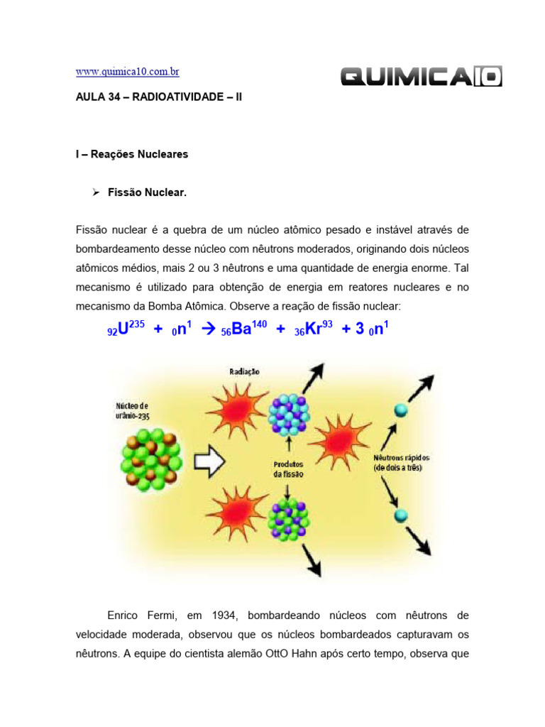 Aula 34 E28093 Radioatividade II PDF Radioatividade Fissão nuclear
