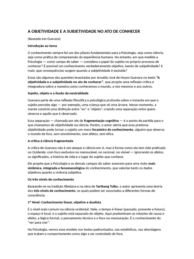 Objetividade e Subjetividade no Conhecimento | PDF | Psicologia ...
