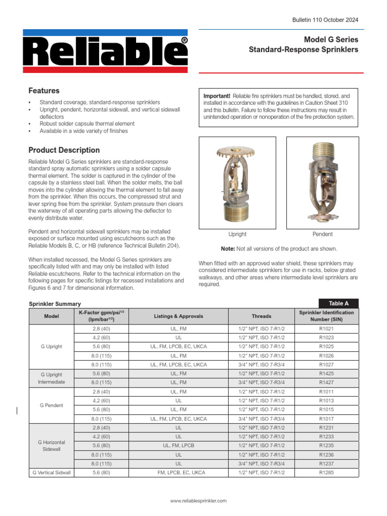 Reliable Model G Sprinkler Catalogue | PDF | Fire Sprinkler System | Screw