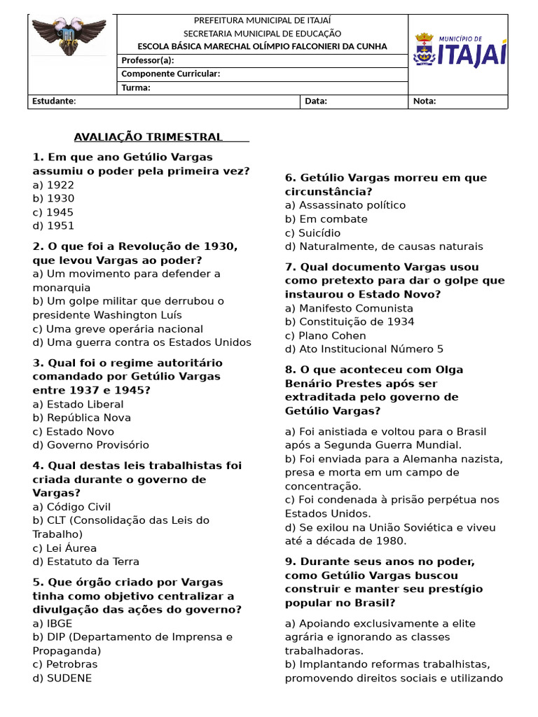 Atividades sobre a Era Vargas 9º Ano | PDF | Liberdade de imprensa ...