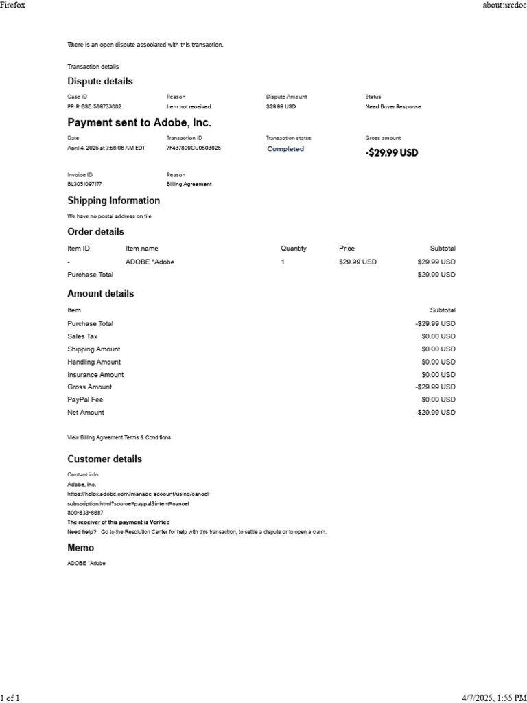 PayPal Dispute for Adobe Payment | PDF | Invoice | Business