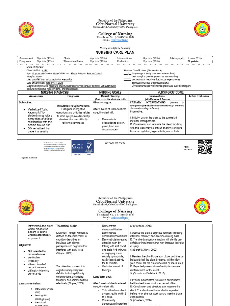 ORTHO - NCP 9 - Disturbed Thought Process PDF | PDF | Nursing | Stress ...