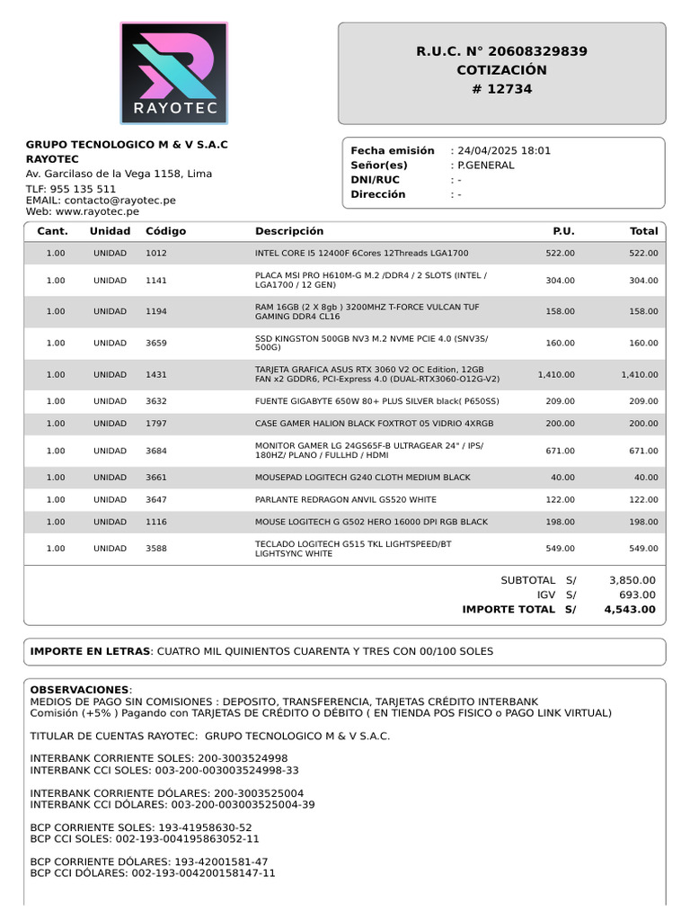 Cotización de PC Gamer Rayotec 2025 | PDF | Almacenamiento de datos de ...