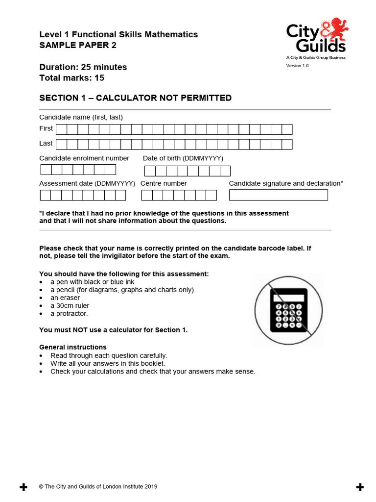 Level 1 Functional Skills Maths Sample Paper | PDF