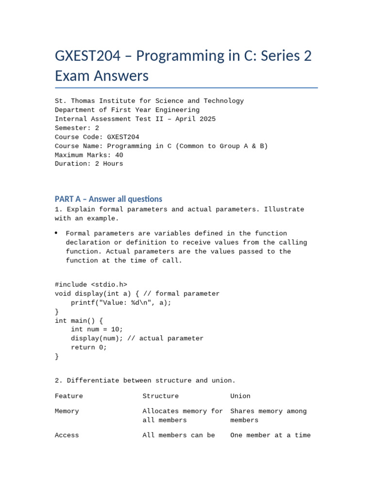 C Programming Exam Answers - GXEST204 | PDF | Parameter (Computer ...