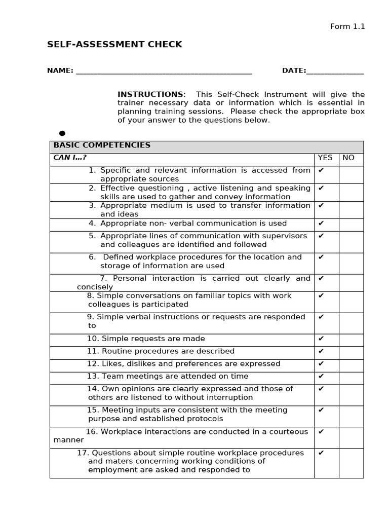 Self-Assessment Training Checklist | PDF | Occupational Safety And ...