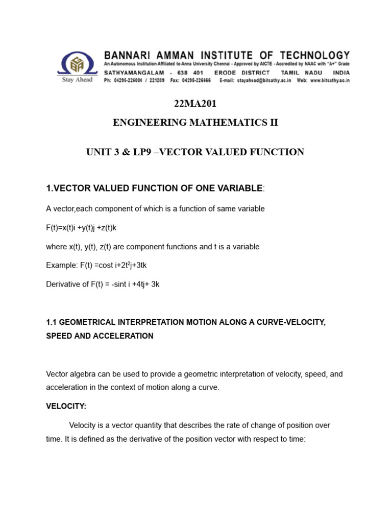 22MA201 Engineering Mathematics Ii Unit 3 & Lp9 - Vector Valued ...