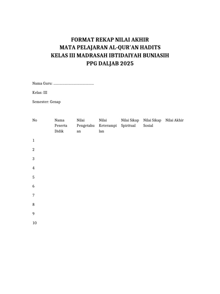 Format Rekap Nilai Al-Qur'an Kelas III | PDF