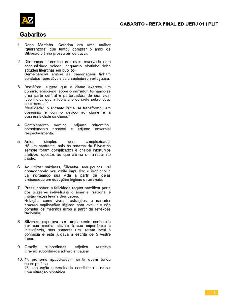 Gabarito PLIT - Reta Final ED UERJ | PDF