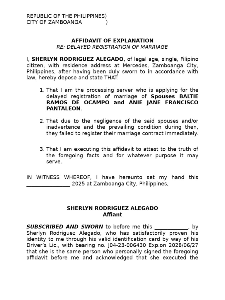 Affidavit for Delayed Marriage Registration | PDF