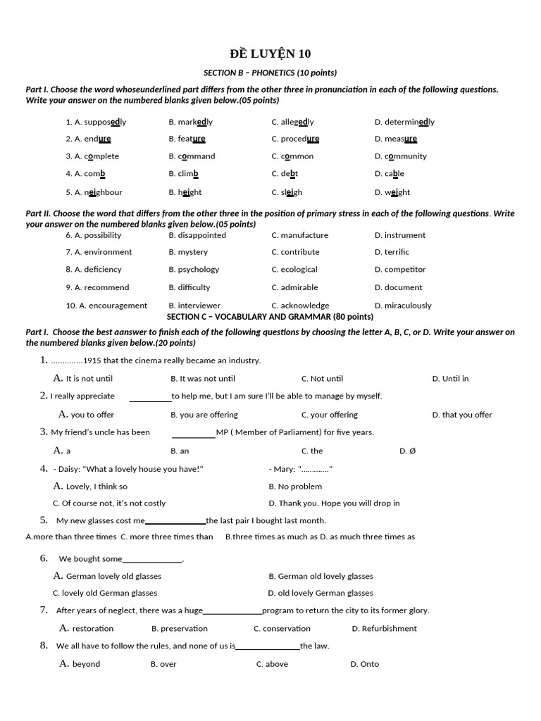 Phonetics and Grammar Practice Test | PDF | Water | Water Pollution