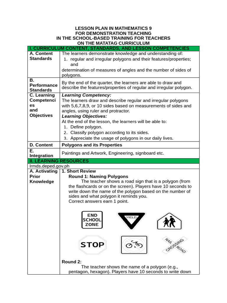 Lesson Plan in Mathematics 7 Matatag | PDF | Polygon | Triangle