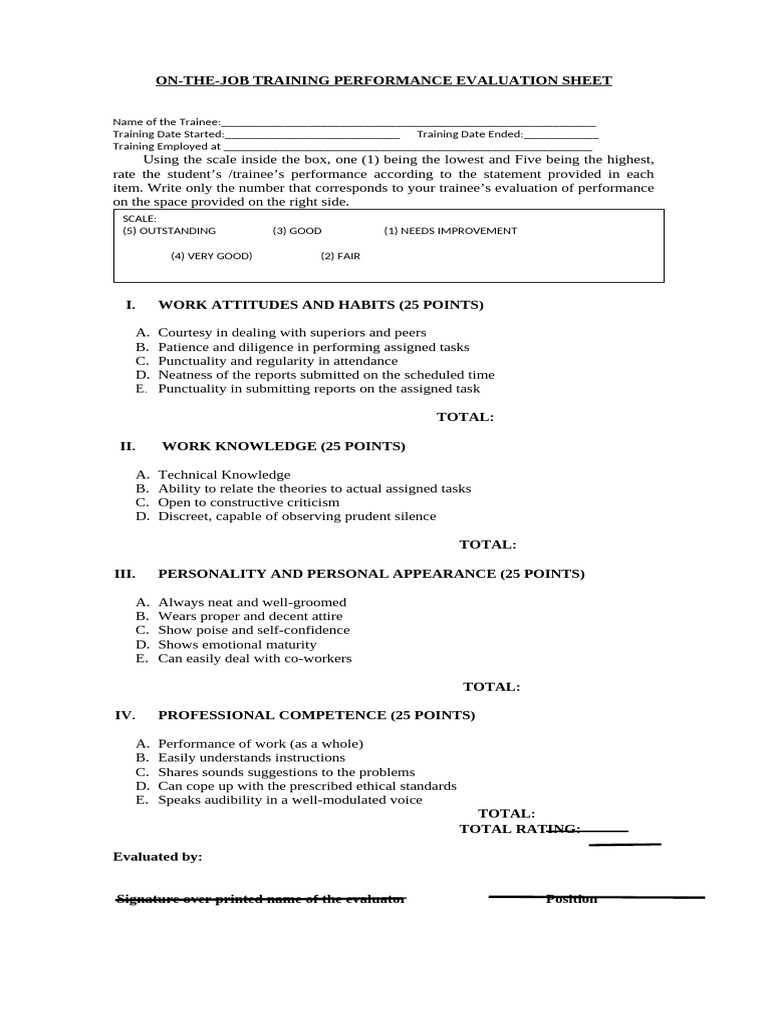 On-the-Job Training Evaluation Sheet | PDF
