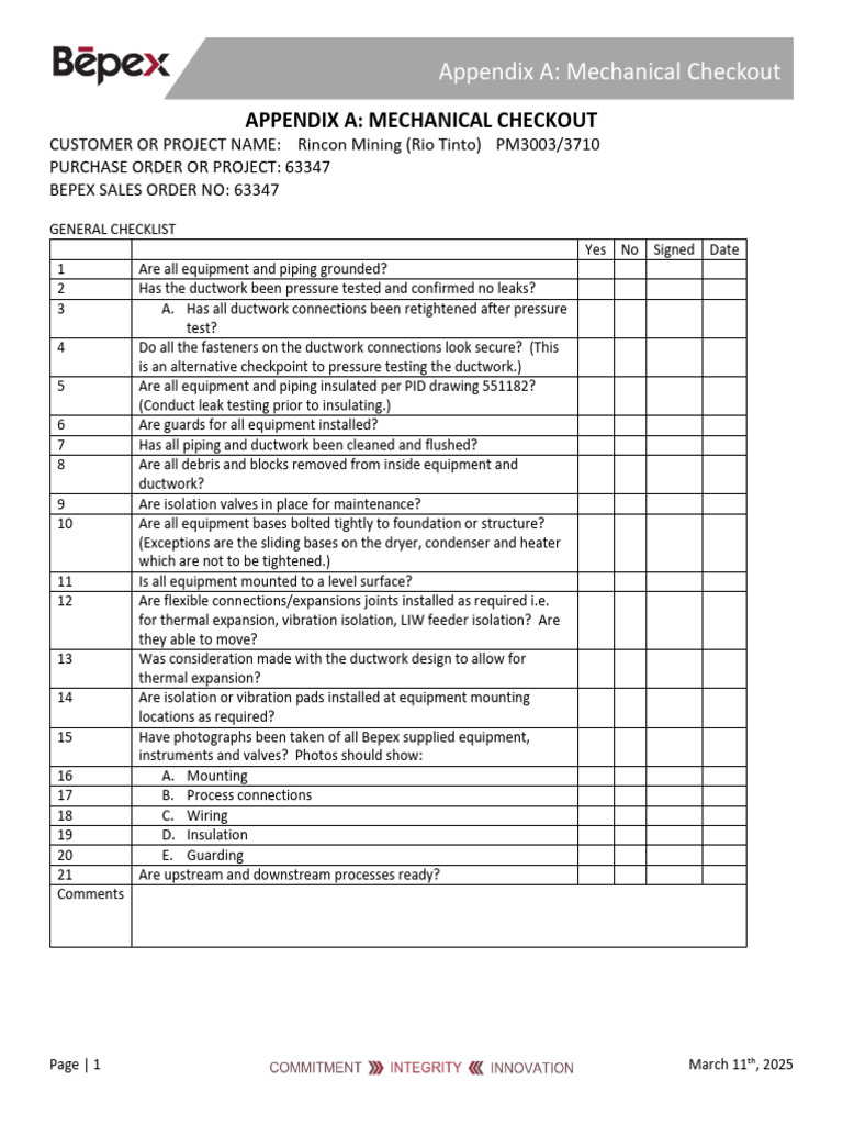 Mechanical Checkout Checklist for PM3003 | PDF | Valve | Duct (Flow)