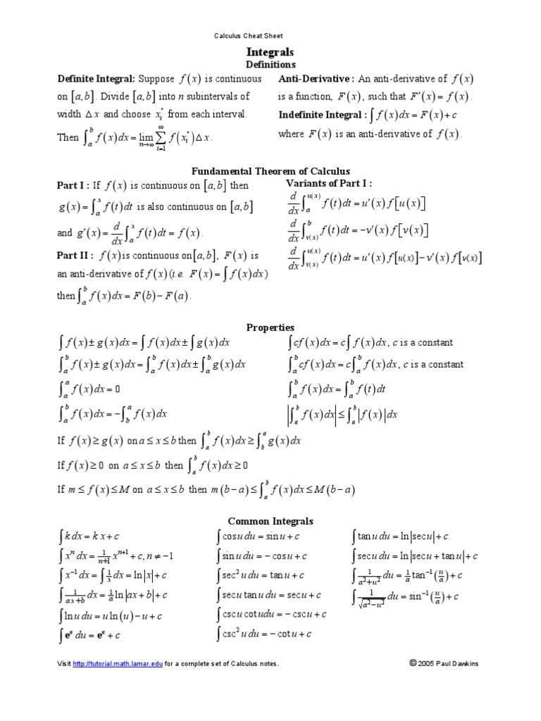 Calculus Cheat Sheet Integrals Pdf Trigonometric Functions Sine