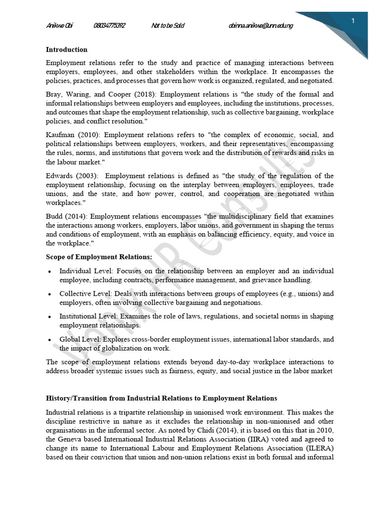 Employment relations note | PDF | Employment | Industrial Relations