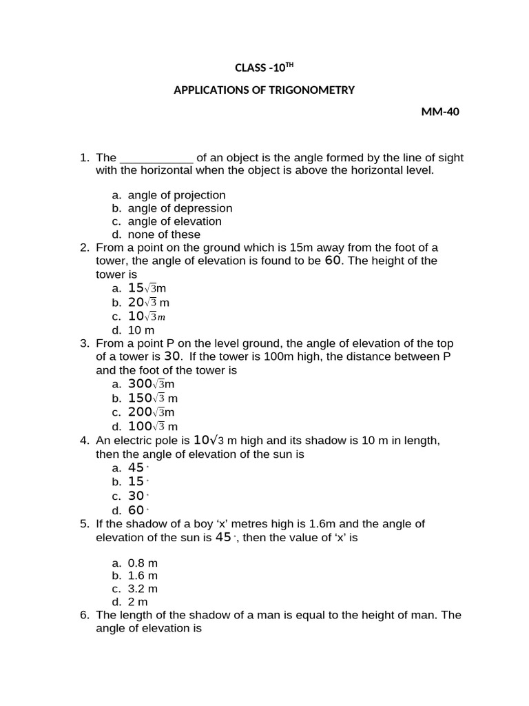Trigonometry Applications in Elevation Angles | PDF | Shadow | Angle