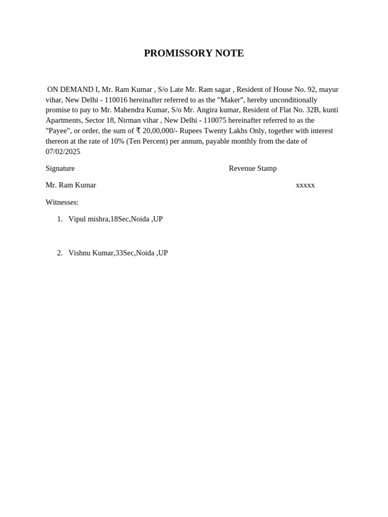 Promissory Note Agreement Details | PDF