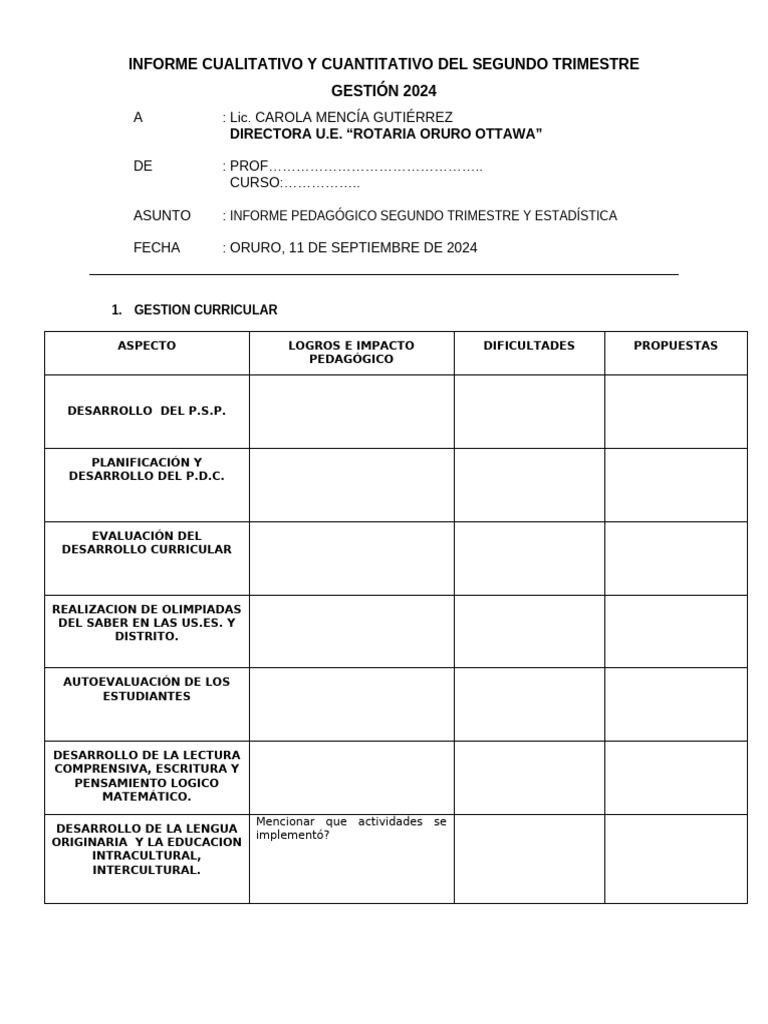 Formato INFORME CUALITATIVO DEL SEGUNDO TRIMESTRE 2024 | PDF ...